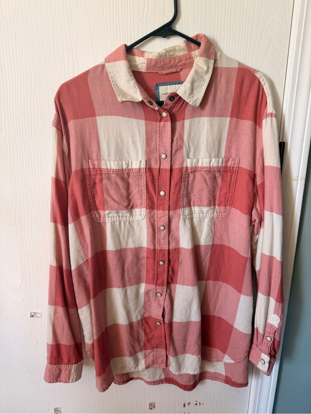 American Eagle Outfitters Pink and White Buffalo Check Snap-Front Shirt